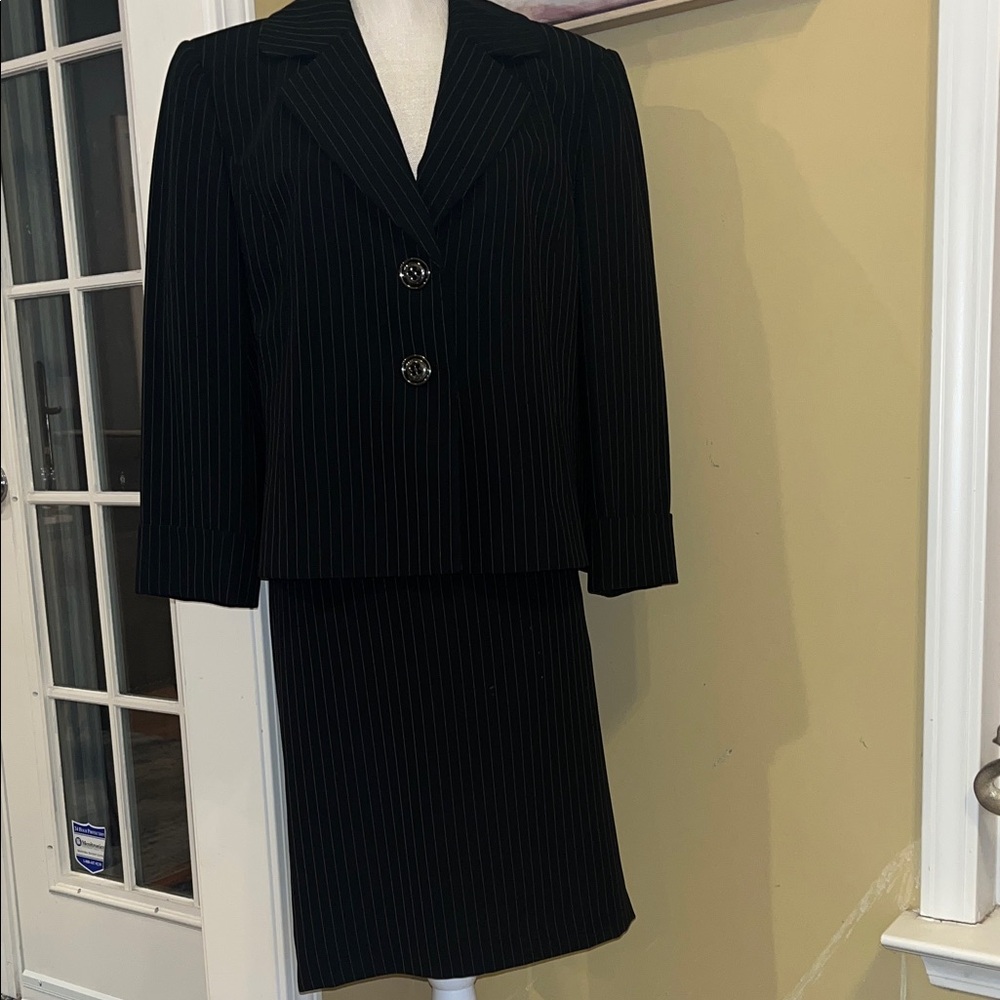 Elegant Black Pinstripe Skirt Suit, Size 16
